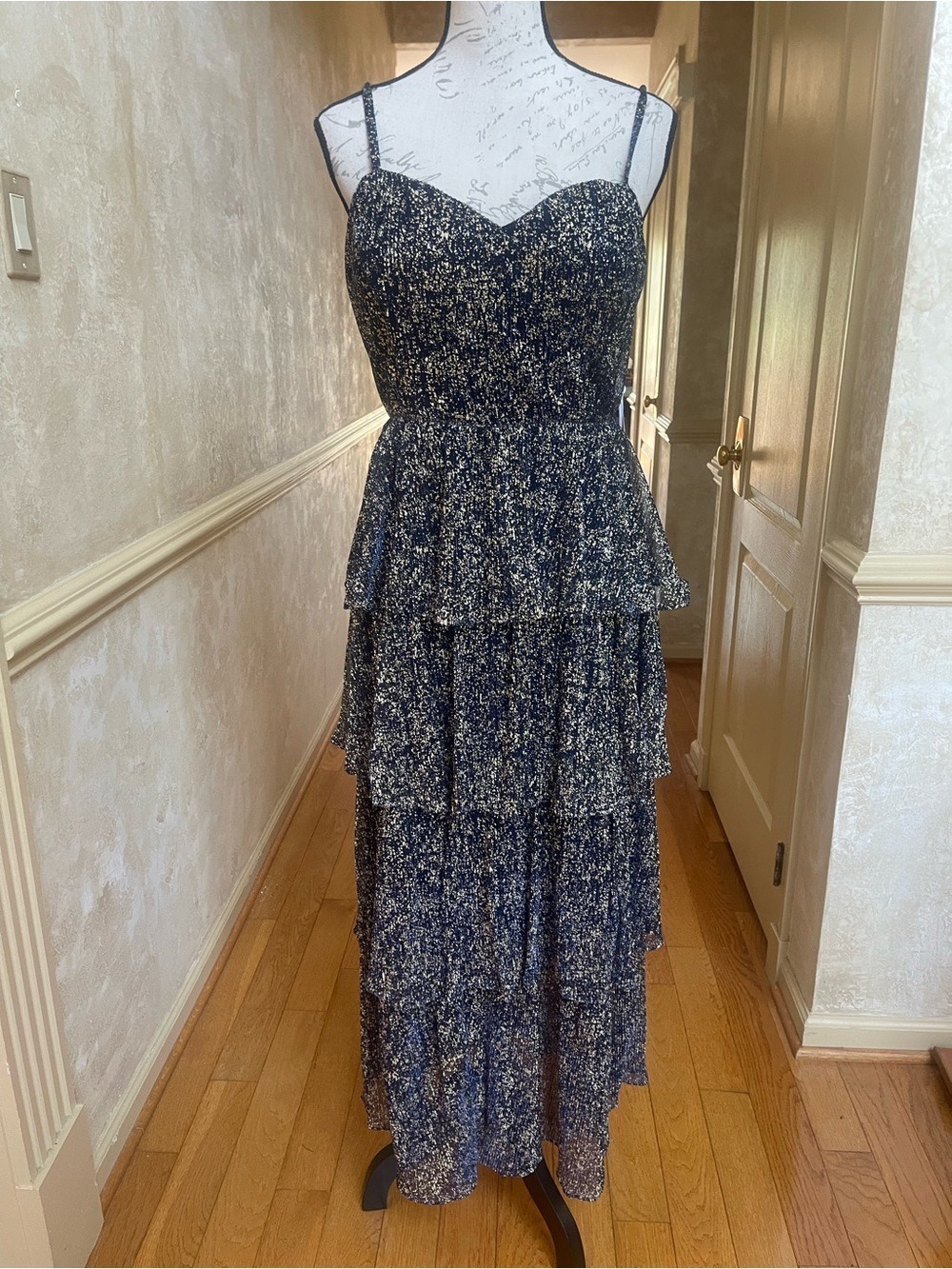 Siena Navy Gold Metallic Tiered Maxi Dress New With Tags Size 14 Shimmer Gown - Picture 3 of 17